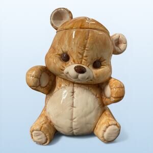 Vintage 1970s Treasure Craft Teddy Bear Cookie Jar Stitched Patchwork Style